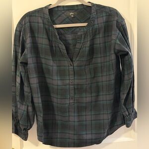 J. Crew Flannel Black Watch Plaid blouse- navy and green. Size XS